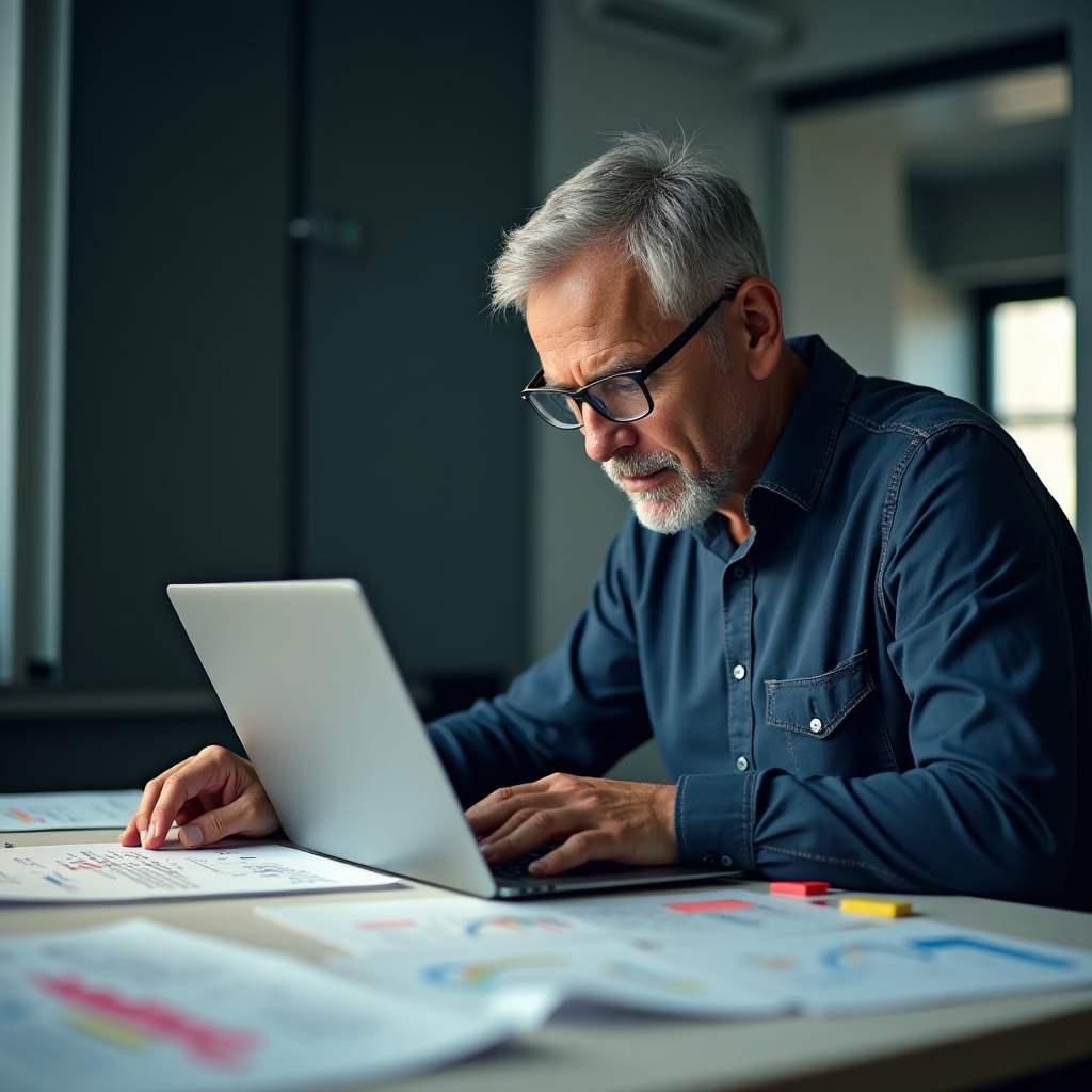 A person at a desk reviewing printed spreadsheet pages alongside a laptop, sticky notes arranged along the edge of the screen