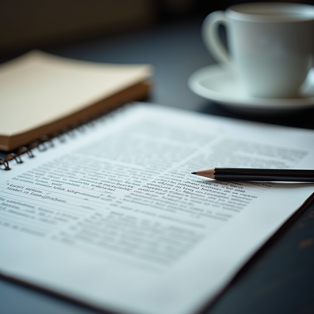 Handwritten editorial notes and a printed article draft spread across a desk next to a coffee cup and pen