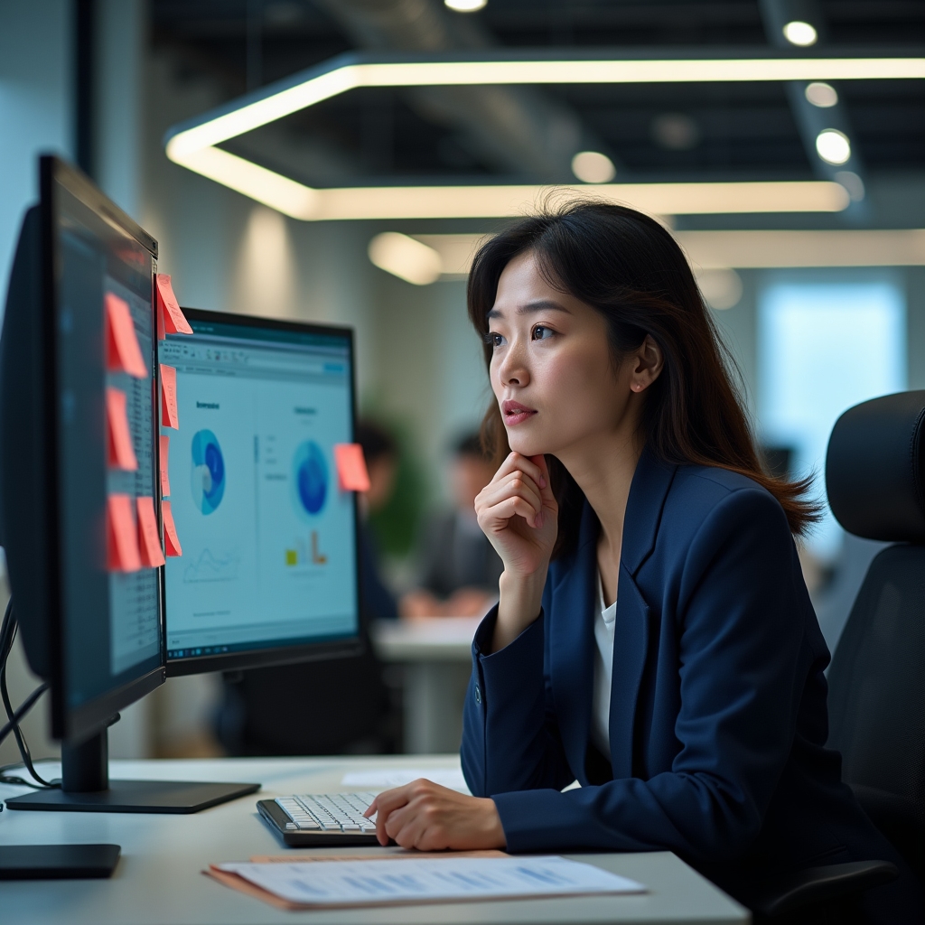 A team member looking at a CRM dashboard on a monitor with a slightly frustrated expression, papers scattered nearby