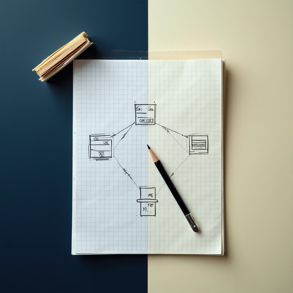 Split image style desk showing a simple folder structure on one side and a database schema sketched on paper on the other