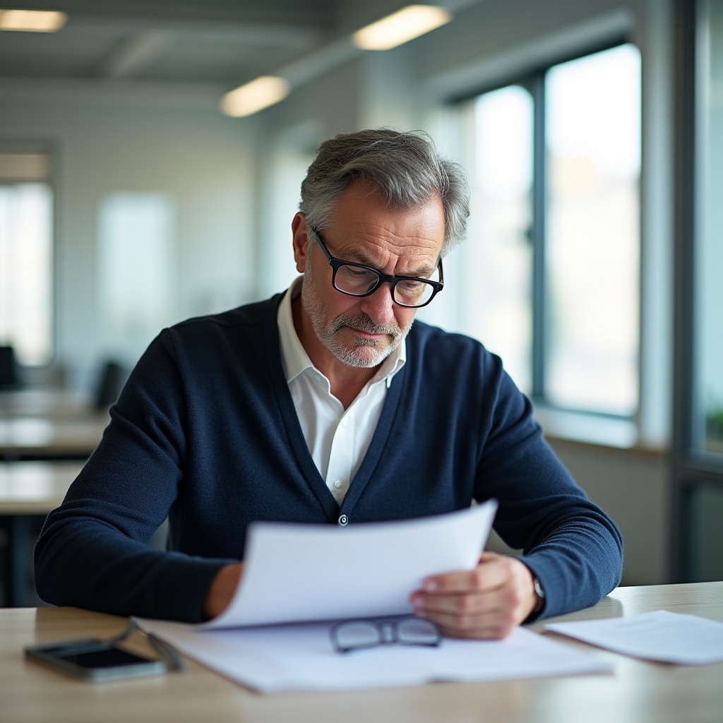 A person reading a printed document carefully at a desk, glasses resting nearby, natural light coming through a window