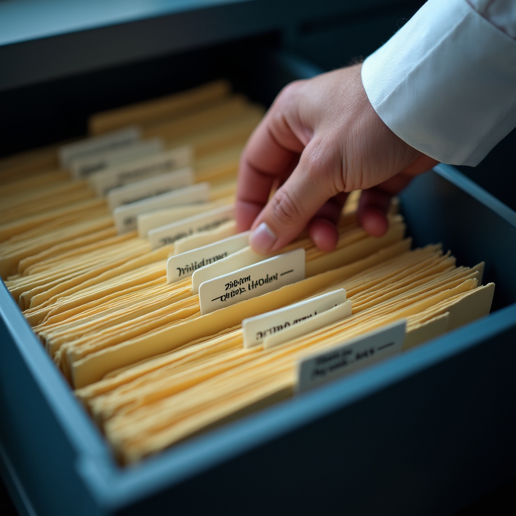 Rows of labelled physical and digital folder icons on a desk with a hand arranging them into a consistent order