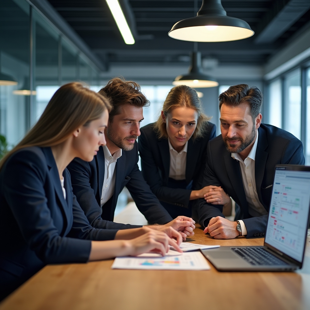 A small operations team gathered around a laptop reviewing a shared spreadsheet on an office table