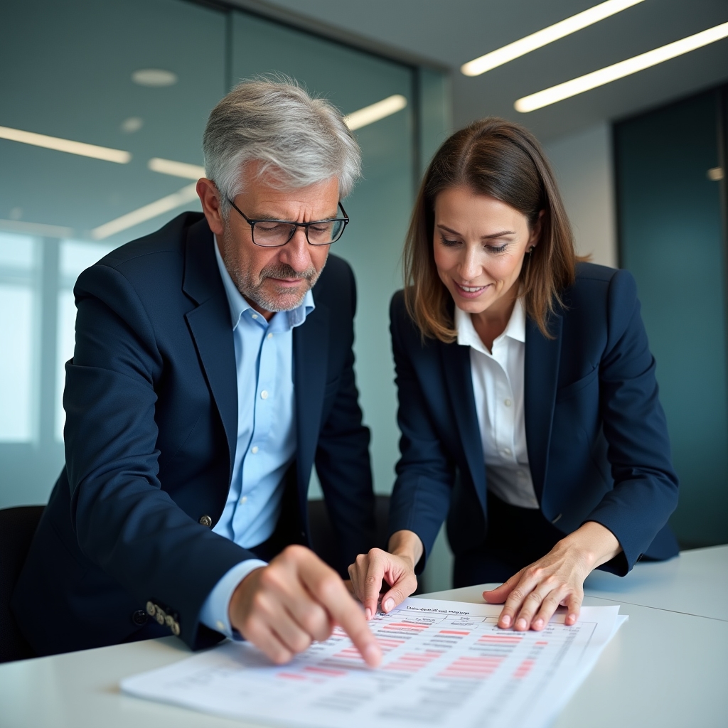 Two colleagues reviewing a printed spreadsheet report together at a shared table, pointing at a highlighted row