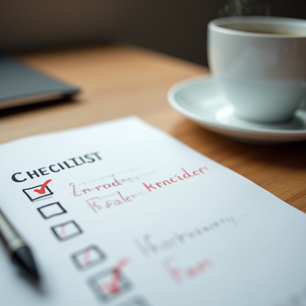 A printed checklist with several boxes ticked, sitting on a desk beside a pen and a cup of coffee