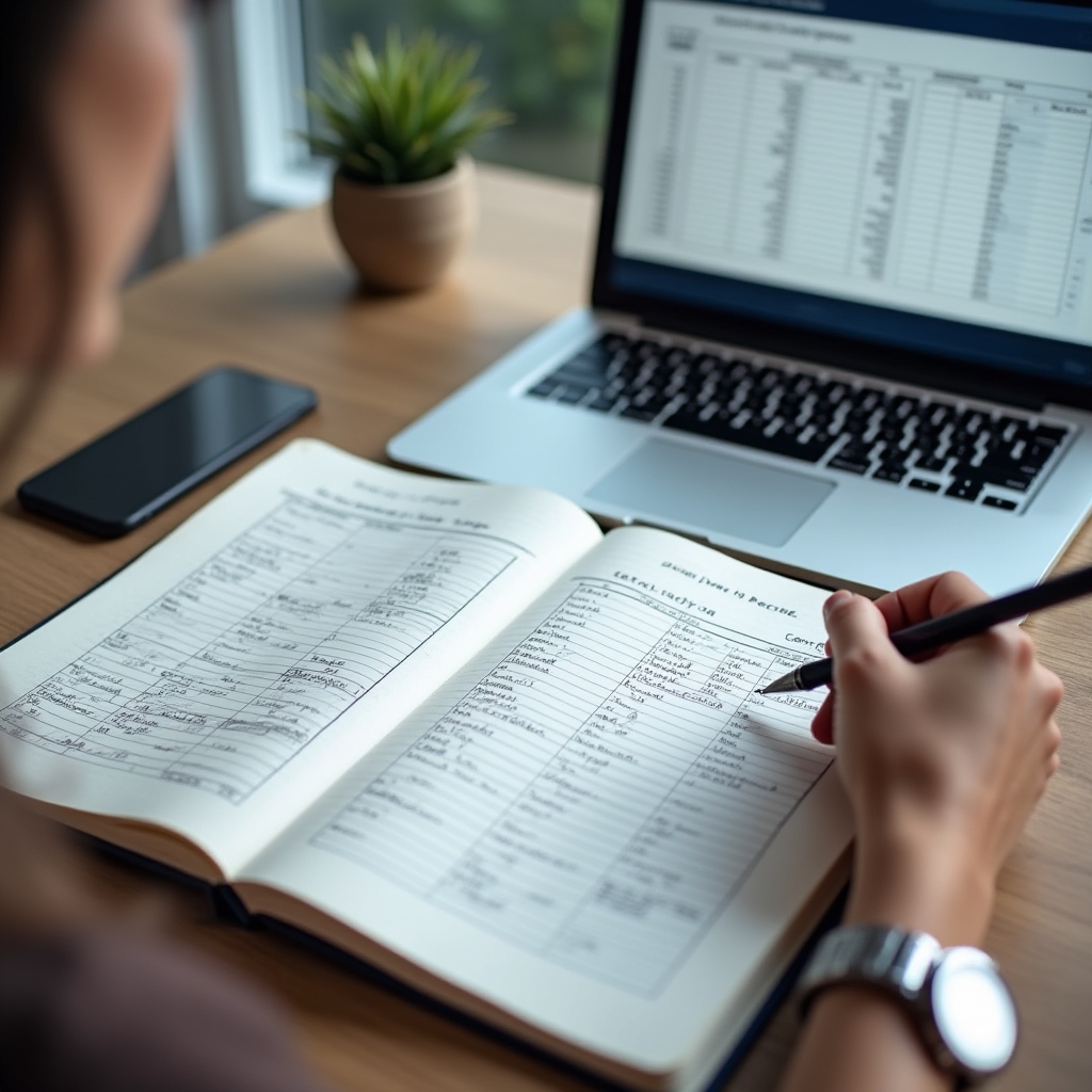 Desk view with a notebook sketching a spreadsheet tab layout next to an open laptop displaying a data table